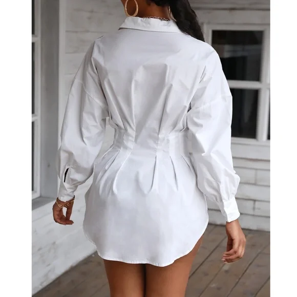 White Waist Fitted Drop Shoulder Buttoned Shirt - Picture 5 of 17